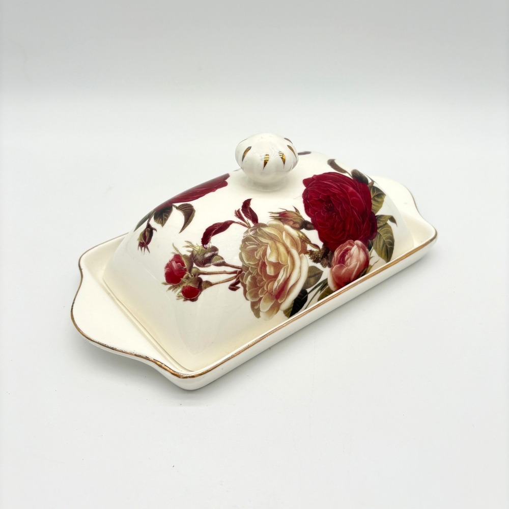 Vintage Floral Butter Dish Red Rose Gold Trim Cottagecore Ceramic Server Tray